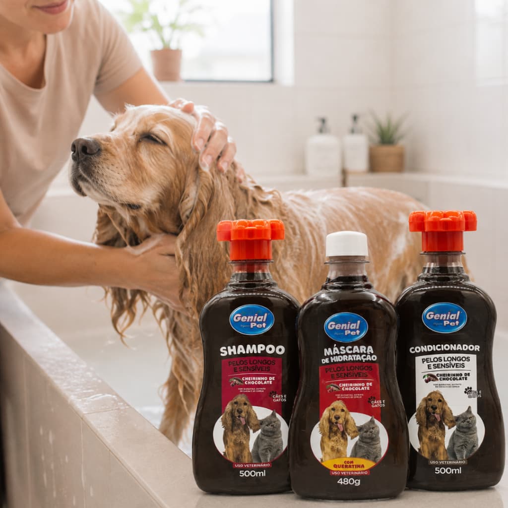 Kit Shampoo Condicionador Máscara Hidratação Chocolate 500ml Cães Gatos