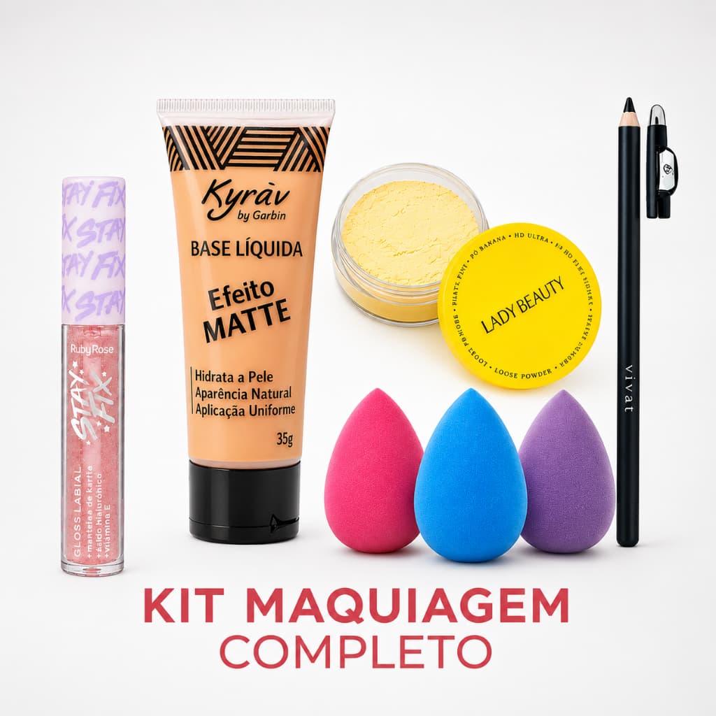 Kit Maquiagem Completa – Base Líquida + Pó Banana + Gloss + Esponjinha + Lápis