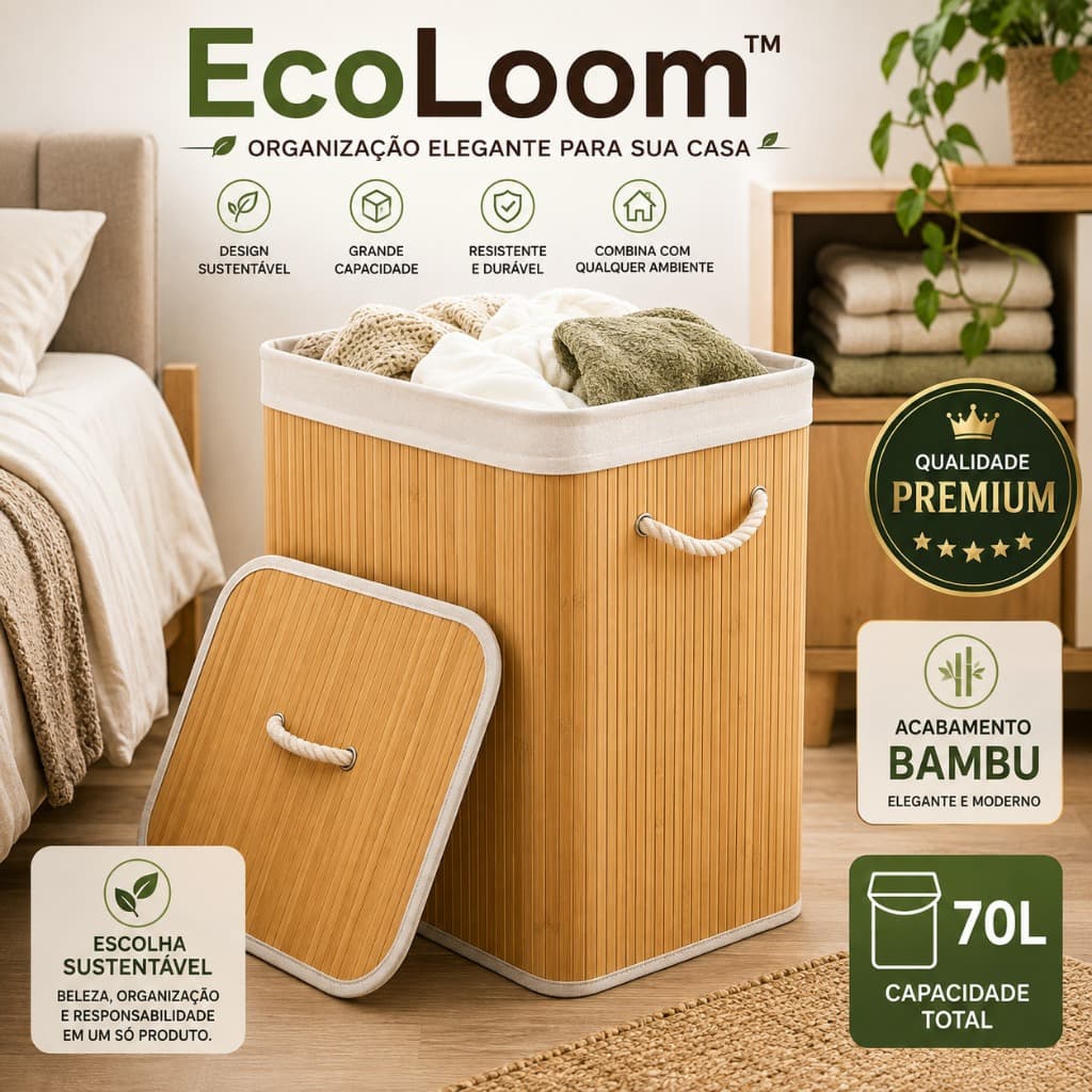 EcoLoom™ Cesto Organizador 70L com Tampa | Organizador de Roupas | Acabamento Bambu | Lavanderia | Quarto | Banheiro