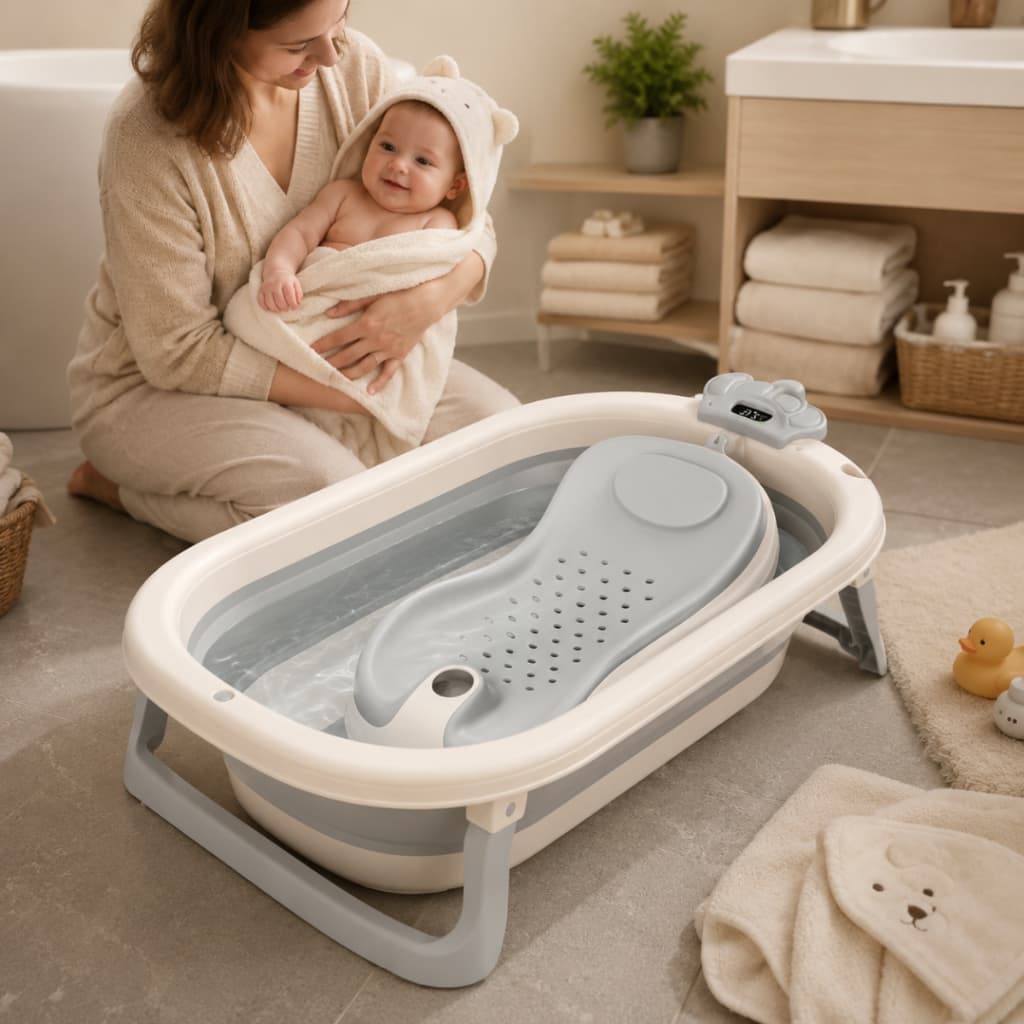 Banheira Para Bebê Dobrável Com Termômetro Digital E Dreno Conforto para o Bebe