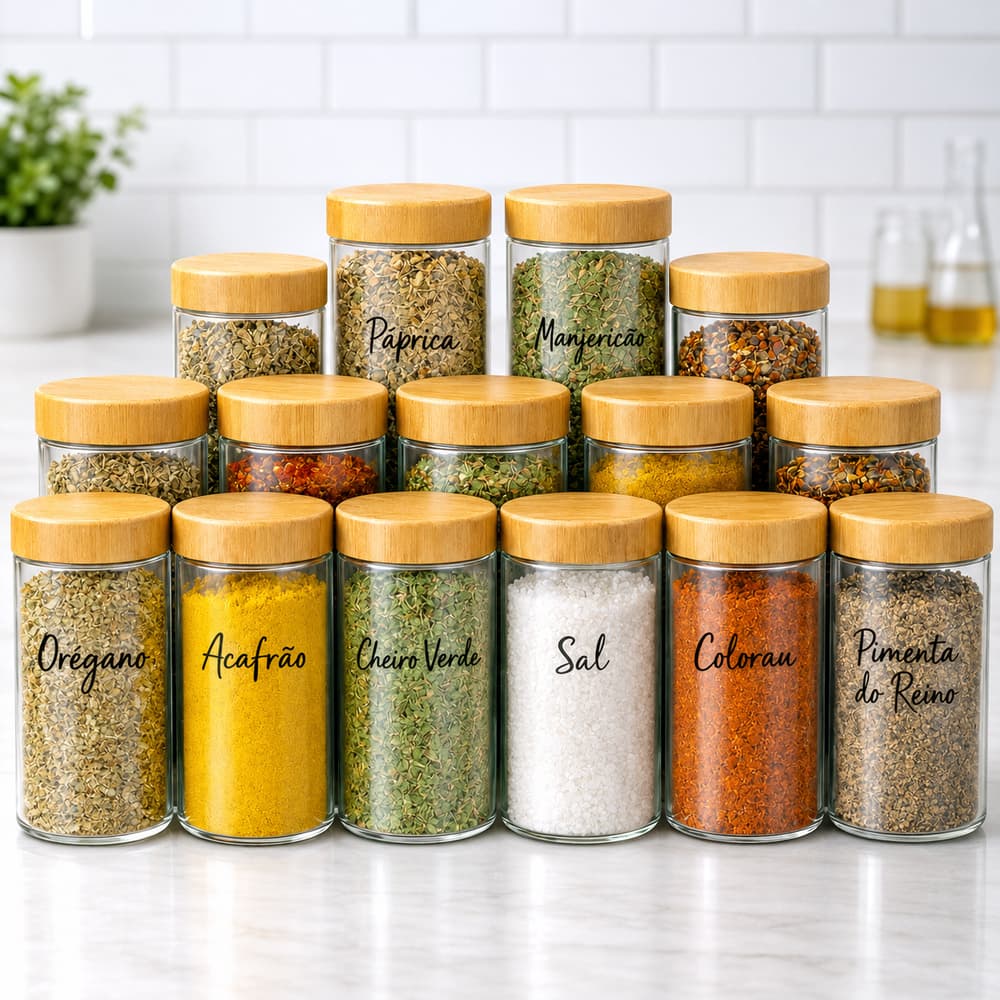 Potes Vidro Tampa Bambu Dosadora Porta Temperos Condimentos Cozinha Hermético Organizador Alimentos