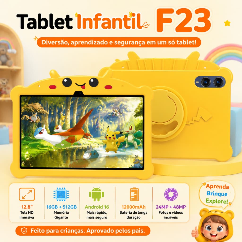 Hancdon Kids Tablet F23 12.8" Android 512GB and 16GB - Animated Character Design - Ideal for Entertainment and Learning