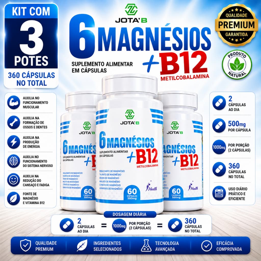 6 Magnésios + Vitamina B12 (Metilcobalamina) Fórmula 100% Original – Suplemento Aliment 60 Cápsulas