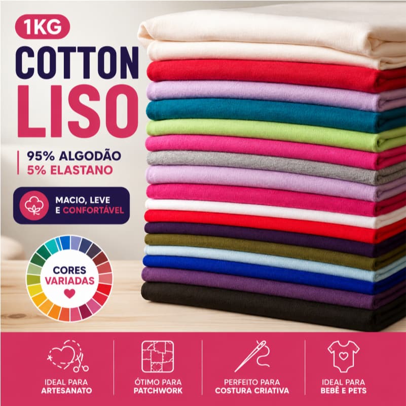 Tecido Cotton Liso 95% Algodão 5% Elastano 1kg Malha Delicotton Para Artesanato Roupas E Patchwork Várias Cores