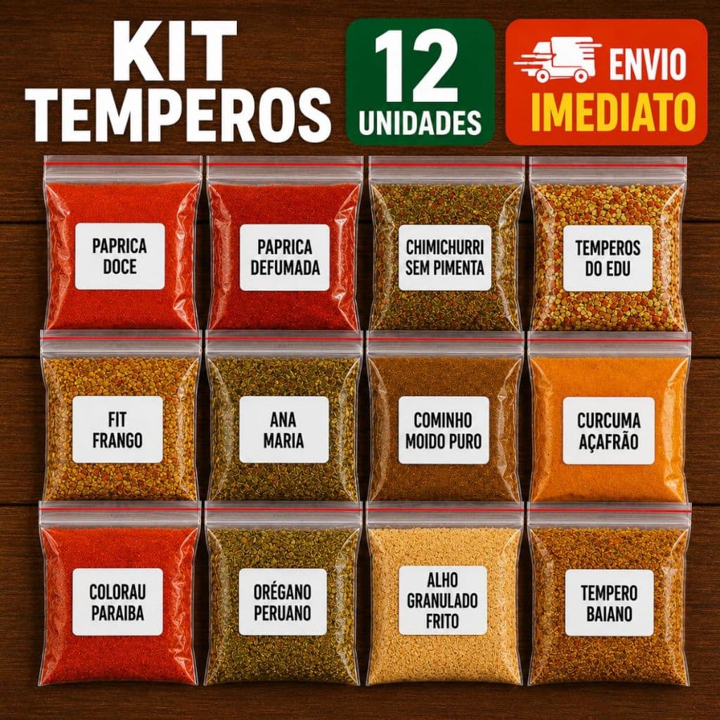 Kit 12 Temperos e Condimentos - Chimichurri, Páprica defumada, Tempero do Edu, Alho granulado frito