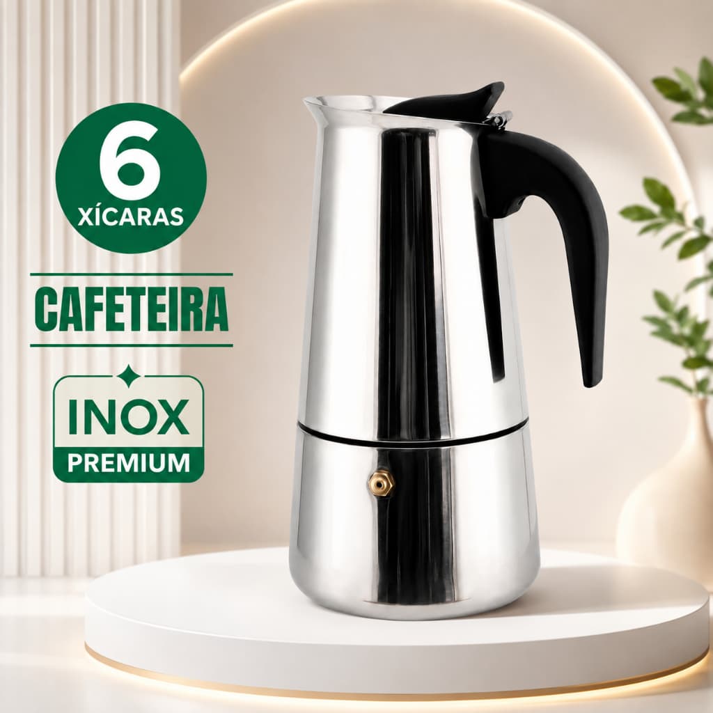Kit Cafeteira Italiana Moka 300ml Aço Inox 6 Xícaras Café Expresso + 2 Copos Vidro 250ml