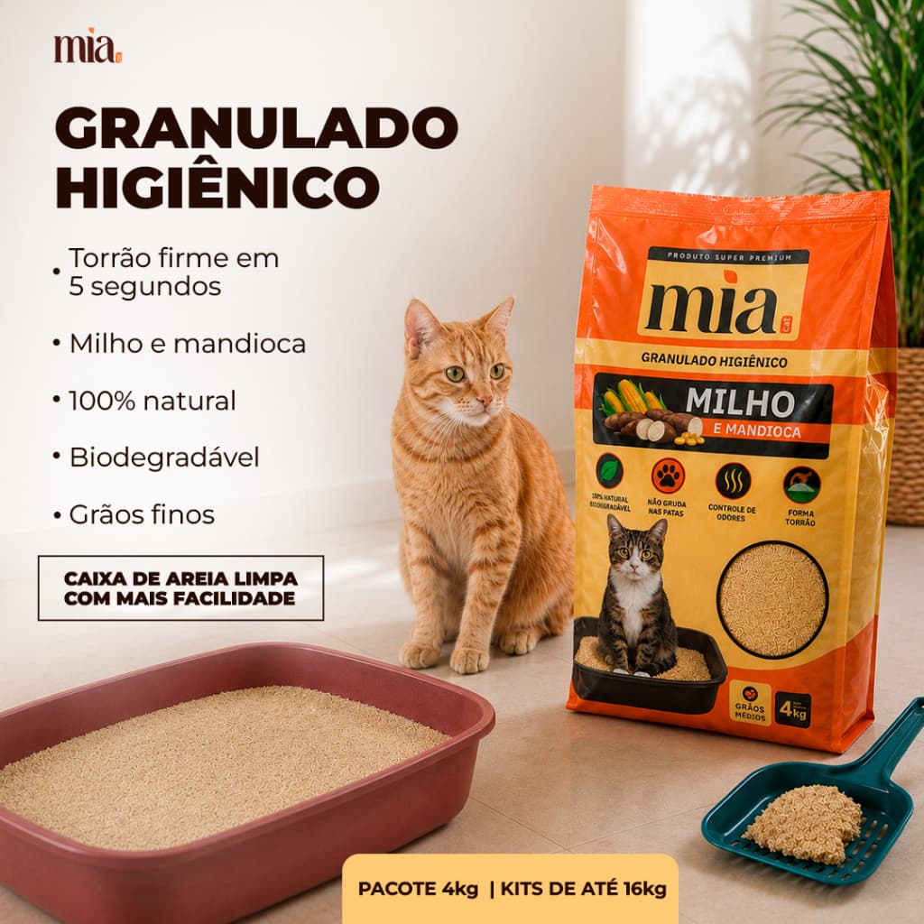 Areia Sanitária 4kg 8kg 12kg 16kg Higiênica Biodegradável Milho e Mandioca Mia Cat