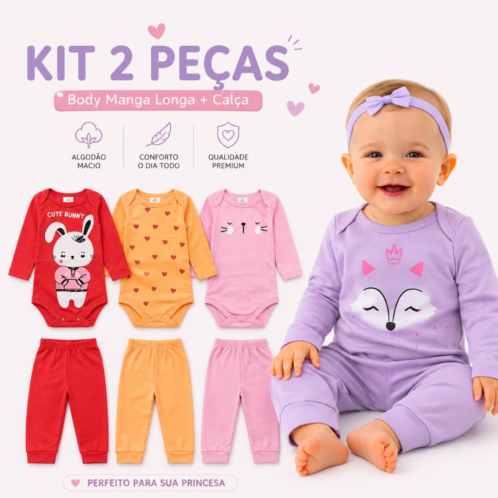 Kit 2 Peças Bebê Menina Body Manga Longa + Calça Algodão Confortável RN ao G