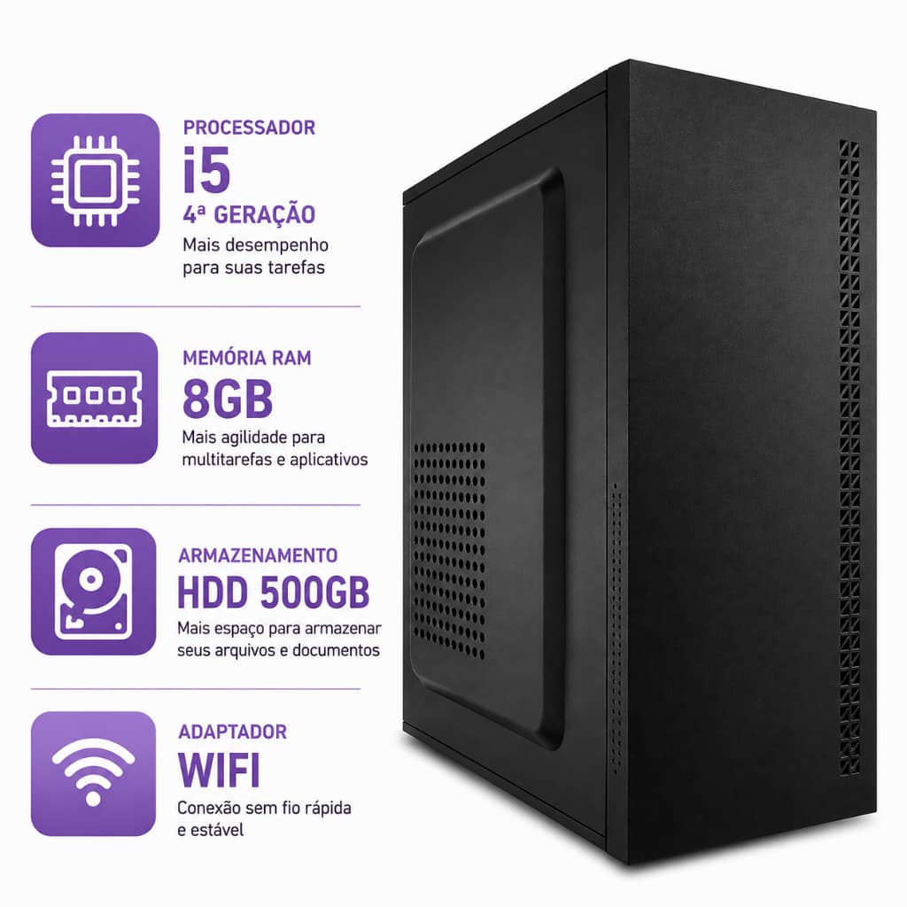 Desktop Novo Intel i5 De 4ª Geração 8gb Ram Ddr3 HD 500gb Computador Torre Com Wifi e Cabo De Força