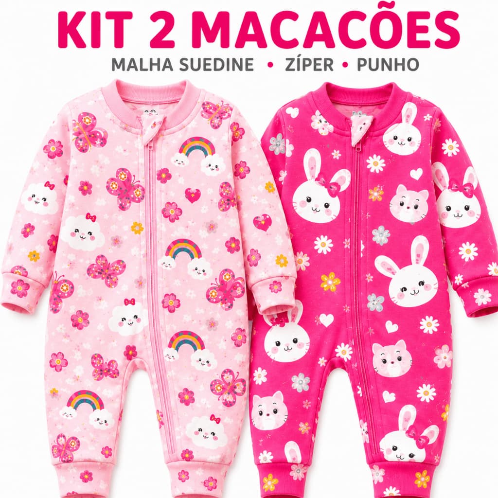 Kit 2 Macacão Bebê Menina Zíper Suedine Algodão Manga Longa Roupa Bebê Enxoval Recém Nascido P M G