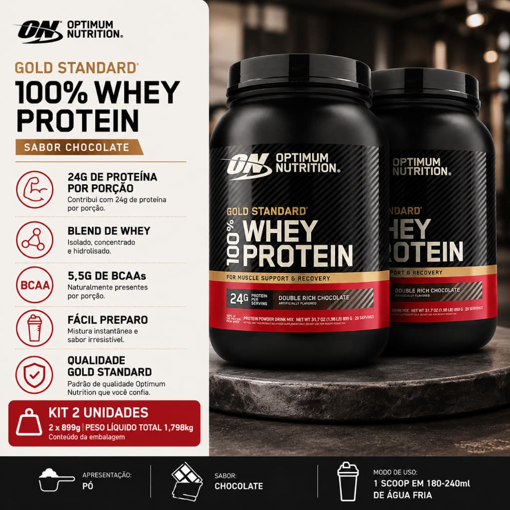 Kit 2 Whey Protein Gold Standard 100% Optimum Nutrition Chocolate 899g