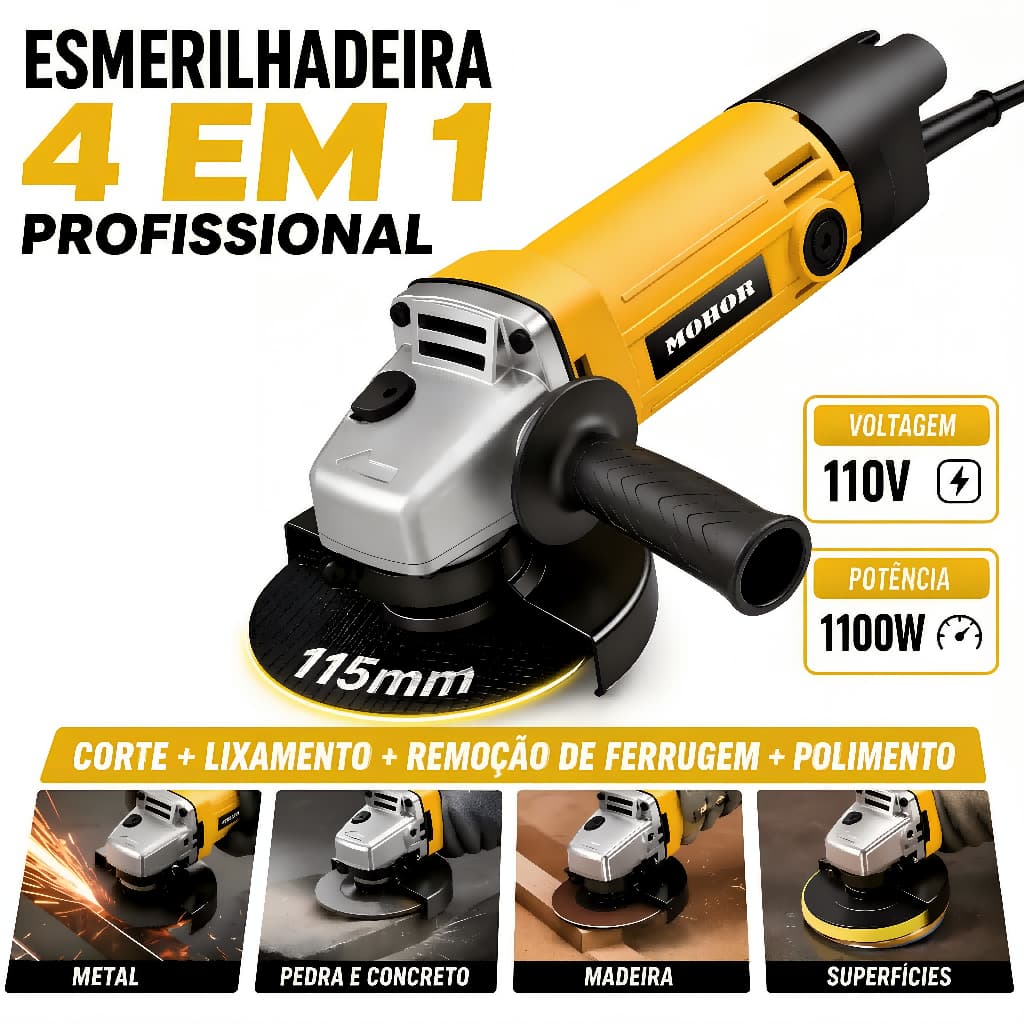 Esmerilhadeira 110-127V/220V 1100W 115mm Motor Cobre Puro Alta Durabilidade para DIY