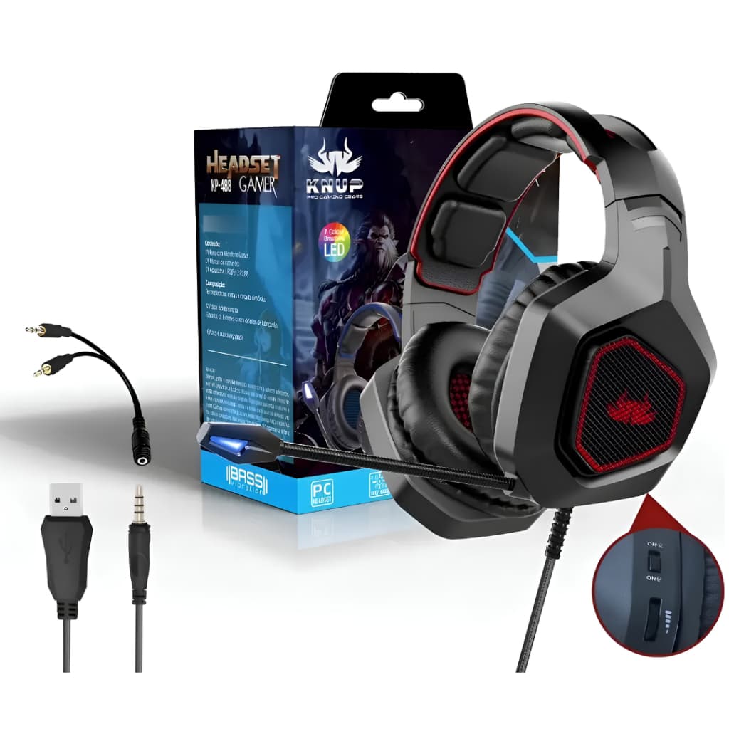 Fone De Ouvido Gamer Com Fio RGB 7 Cores 50mm Super Bass Microfone Mute P2 Para PC Notebook Celular