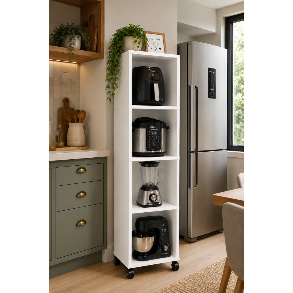 EXCLUSIVO Estante Armário Multiuso Torre Quente Cozinha Panela Pressão Air Fryer Organizador Prateleira Rodas Branco