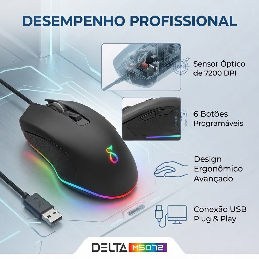 Mouse Gamer USB RGB LED 7200 DPI Ajustável 6 Botões Ergonômico para Computador Notebook Delta M5072