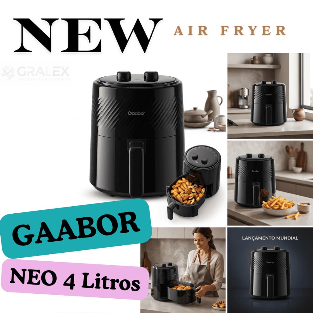 Novo Air Fryer Gaabor NEO 4L 1300W Fritadeira Elétrica Sem Óleo Antiaderente Timer Preta 127V