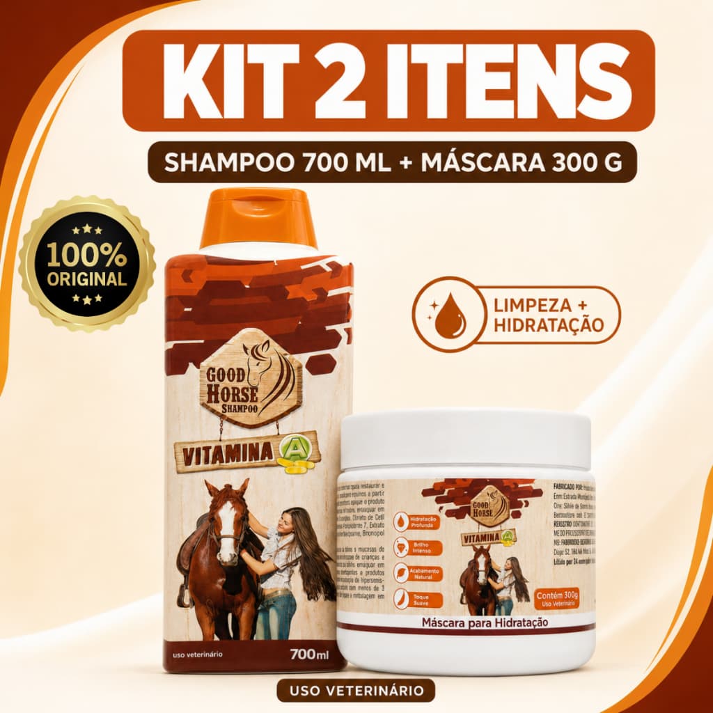 Shampoo Good Horse Vitamina A 700ml e Máscara Hidratação Good Horse Para Cavalos Hidratação Profunda