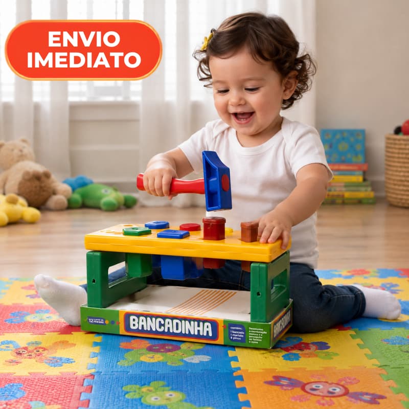 Brinquedo Educativo Bancadinha com Martelo e Pinos Geométricos Educativo, Criativo e Interativo para Crianças
