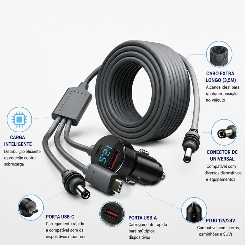 Cabo 5-em-1 Alimentação Starlink Mini Carregador Veicular DC USB-C IP68 À Prova D'Água 2 Metros 3 Metros