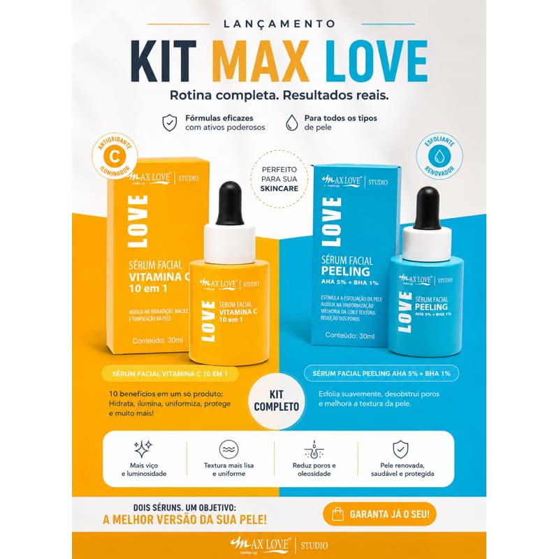 Kit Max Love – Sérum Facial Vitamina C 10 em 1 + Sérum Facial Peeling AHA 5% + BHA 1%