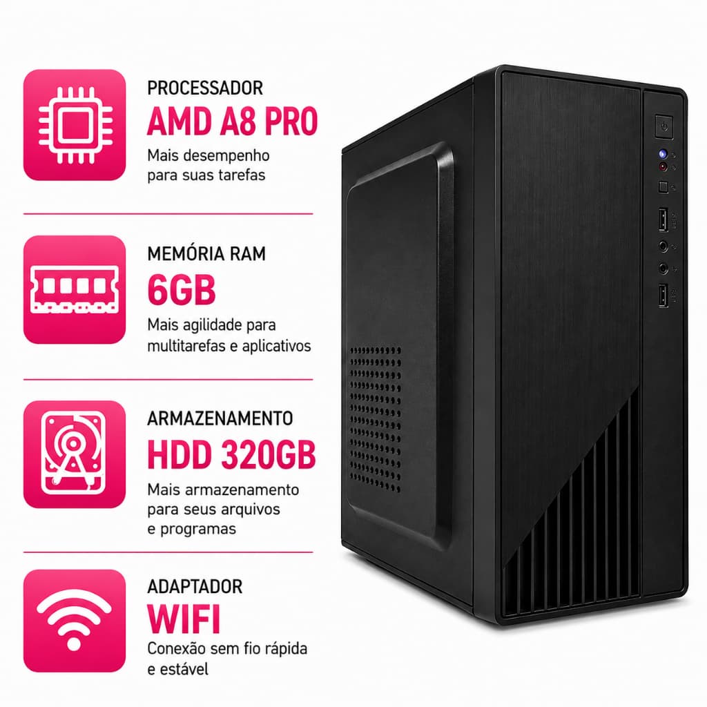Desktop Novo Computador AMD A8 Pro 6Gb Ram Ddr3 HD 320Gb Cpu Torre Com Wifi Cabo De Força