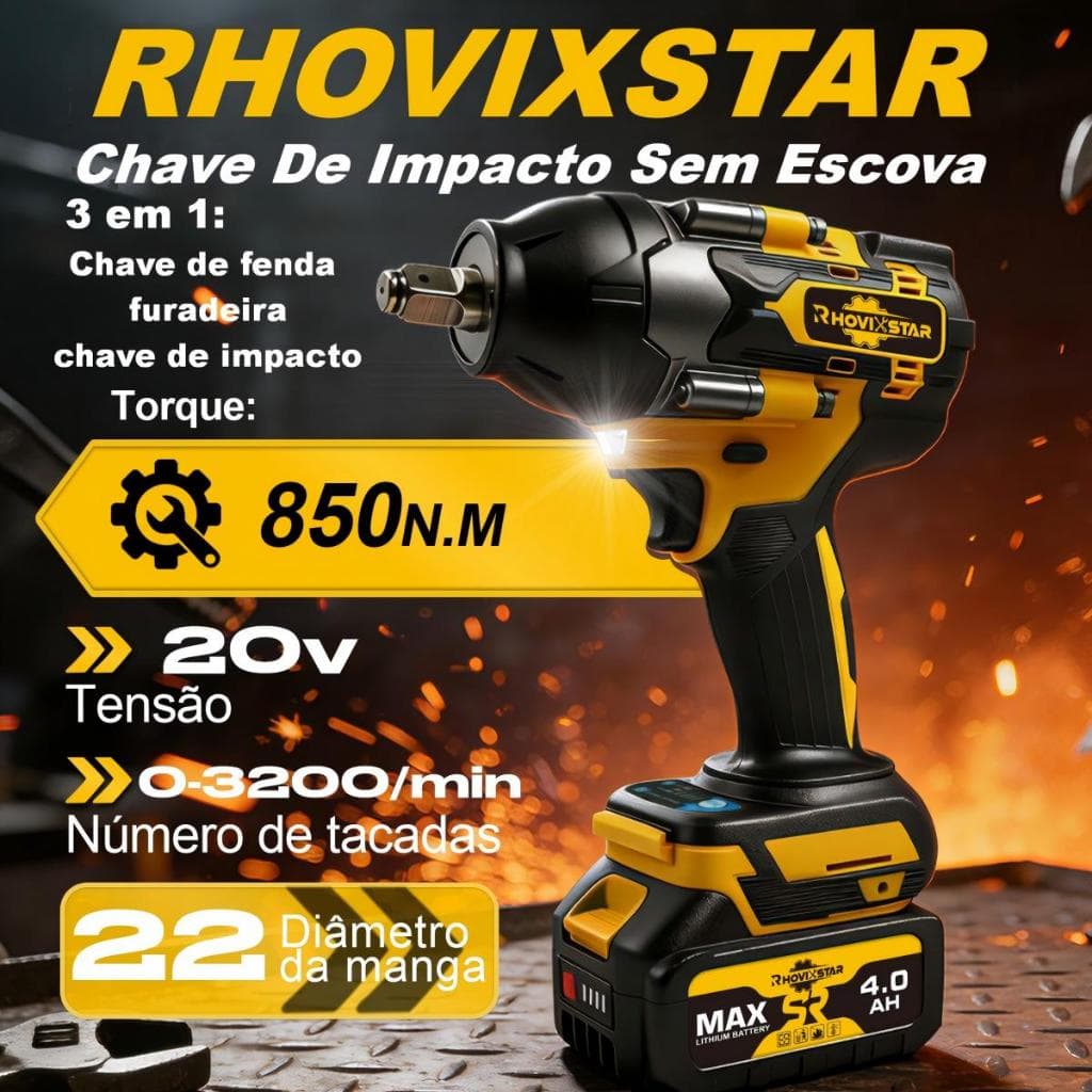 RHOVIXSTAR Chave De Impacto Sem Fio, Motor Brushless,850NM, 2*4AH Baterias, Vem Com Todos Os Acessórios E Caixa Portátil