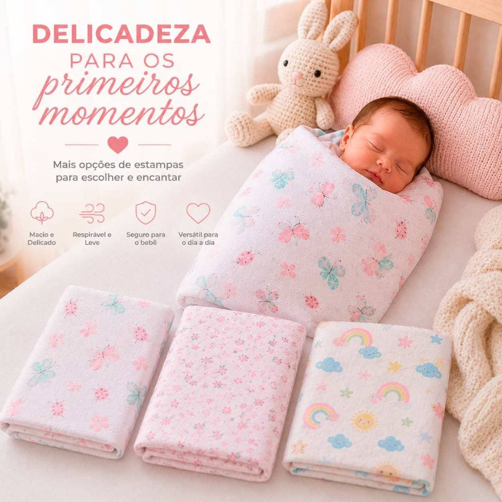 Kit 3 Cueiros Flanelados Estampados Papi Karinho 80 x 50cm  Enxoval Infantil Bebê Menino Menina