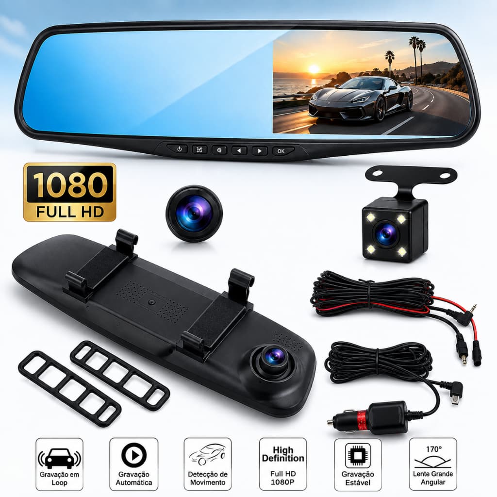 Espelho Retrovisor DVR 1080P HD Câmera Frontal e Traseira Ré Visão Noturna com Sensor G Universal para Carros