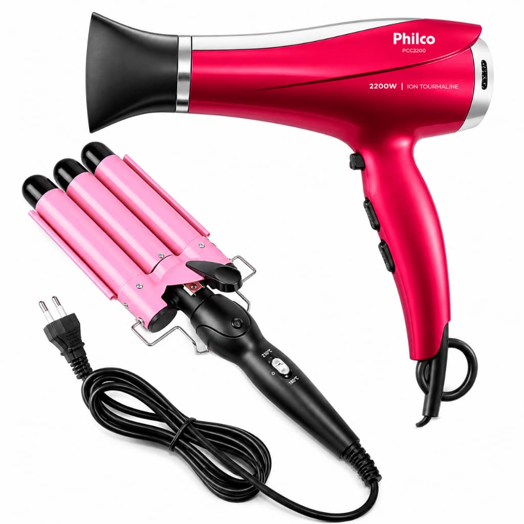 Secador de Cabelo Philco 2200W Profissional + Modelador Triondas Pink Bivolt Ondas Cachos Kit Completo