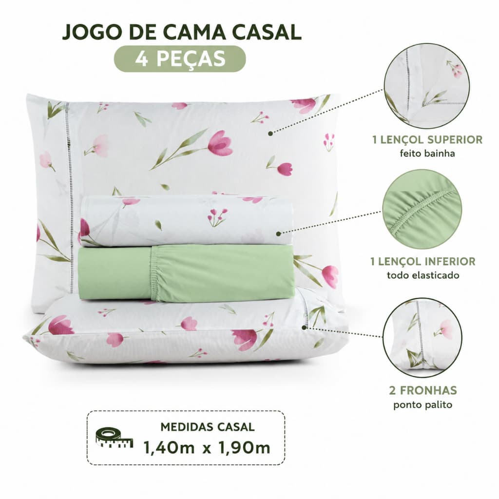 Jogo De Lençol Casal 4 Peças  Algodão Misto 180 Fios Estampado Ponto Palito Casal Queen Toque Suave