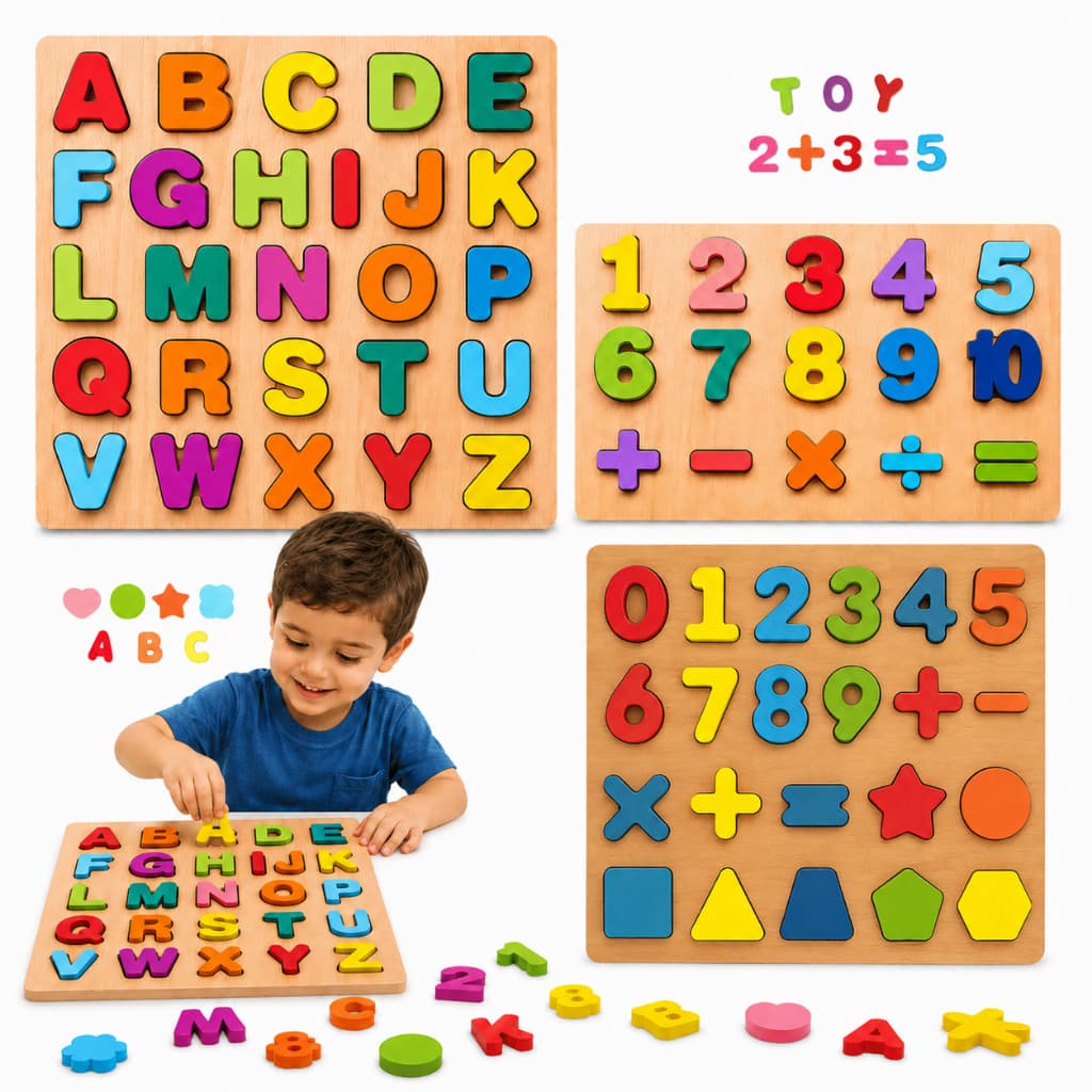 Kit 3 Tabuleiro Educativos Alfabeto Números e Formas Geométricas Brinquedo Montessori Madeira