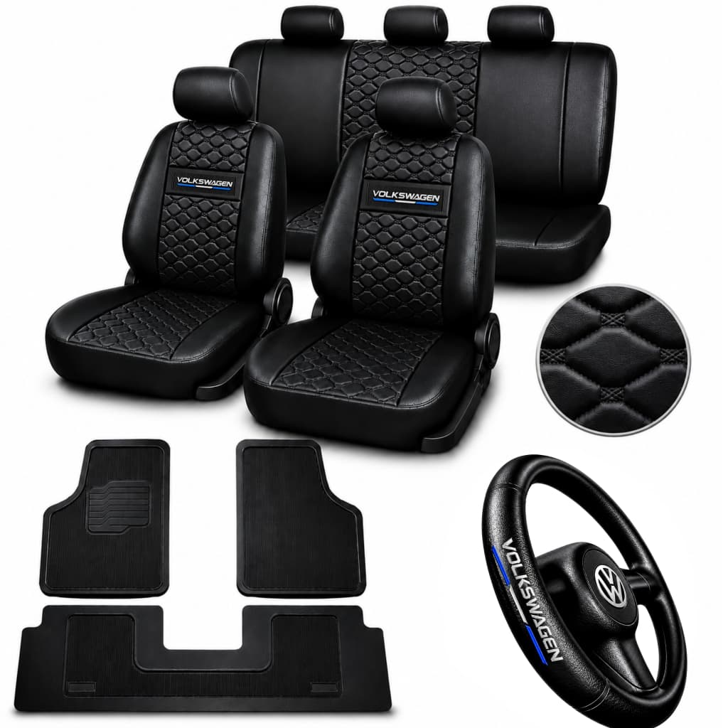 kit Capa de Banco de Carro em Couro sintético Automotivo Volkswagen Gol Voyage Polo Fox Bora +tapete