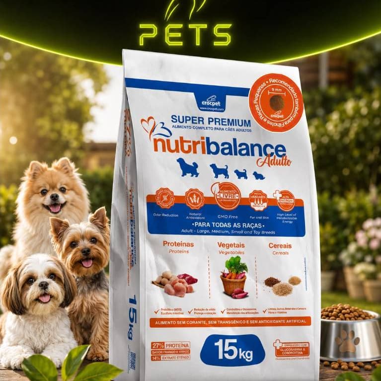Ração para cachorros Super Premium Nutribalance ideal para raças pequenas e médias 15Kg 27% de proteína