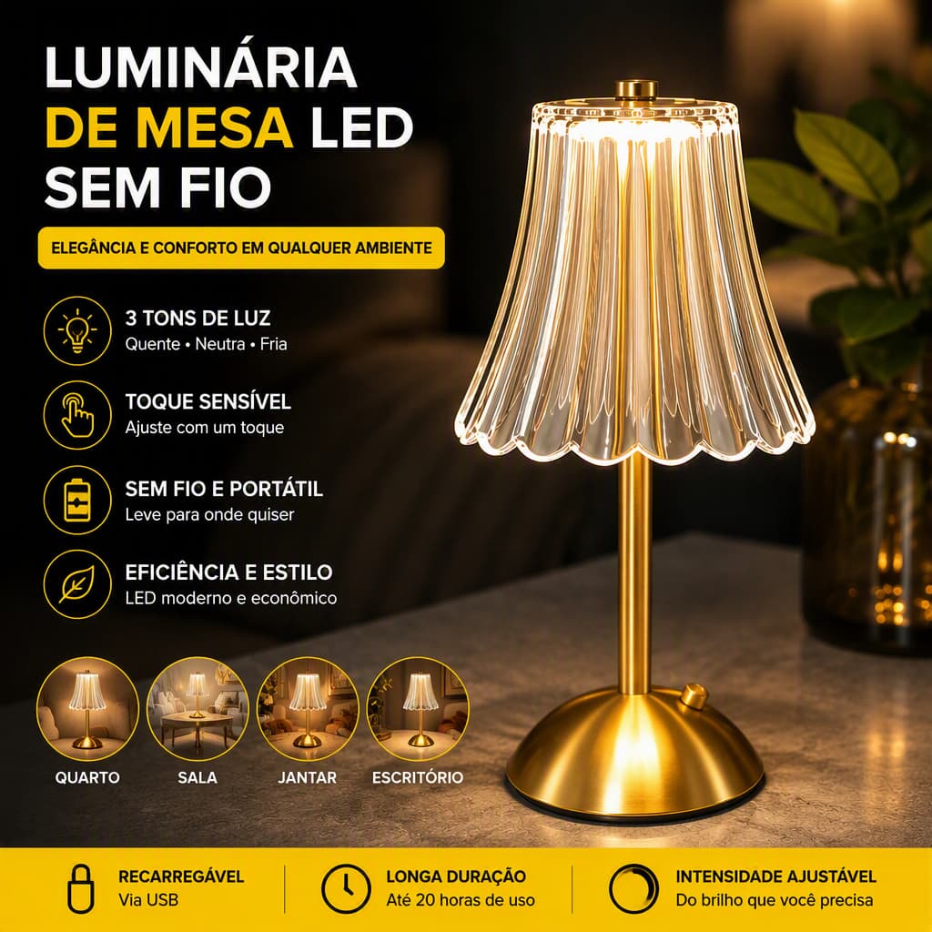 Luminária Abajur de Cabeceira Quarto LED Recarregável Touch 3 Tons Luz Cúpula Cristal Dourada Decoração Sala Luxo Fofa