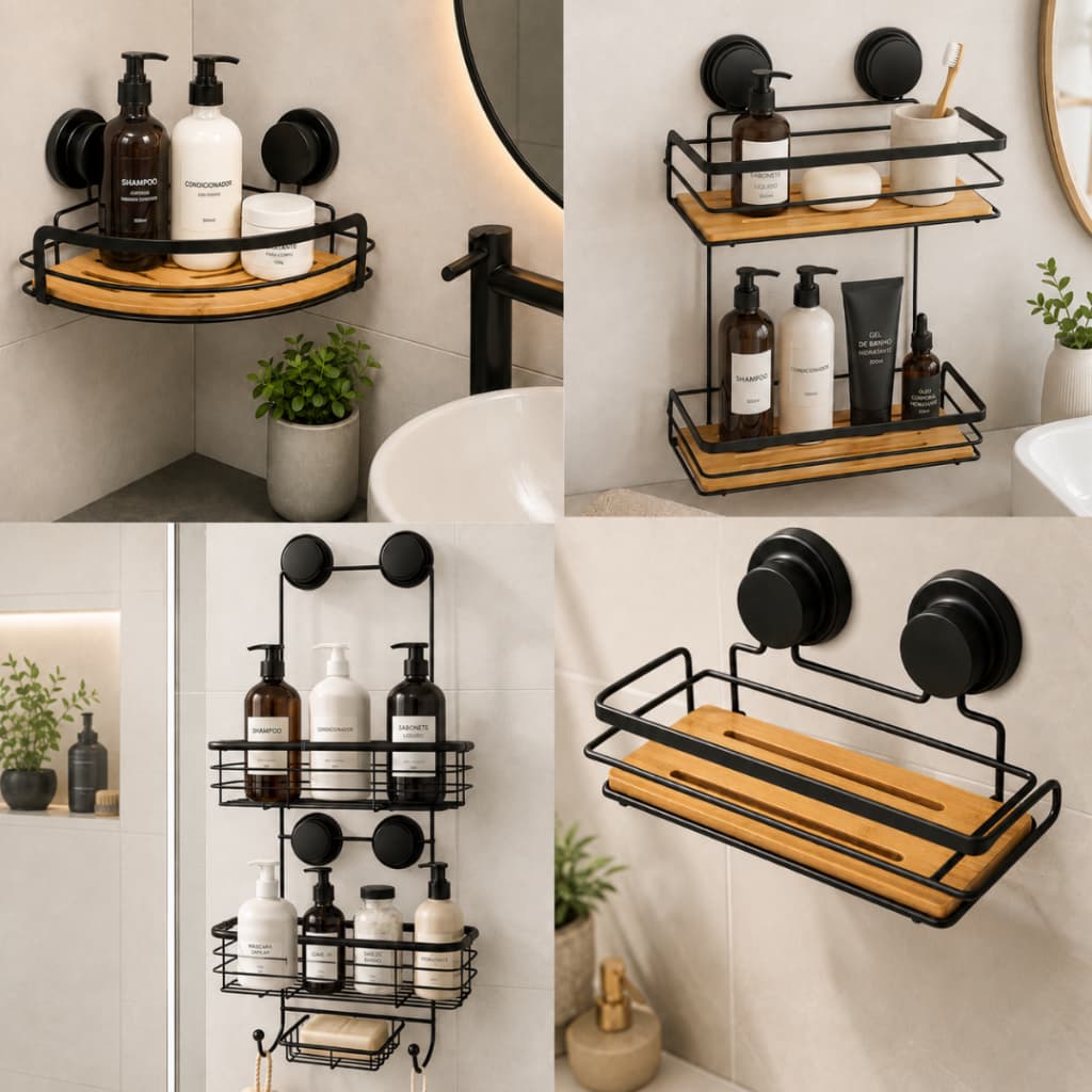 Suporte Porta Shampoo De Canto Parede Banheiro 2 Andares Organizador Sabonete luxo Prateleira Rack Aço Bambu Lavanderia