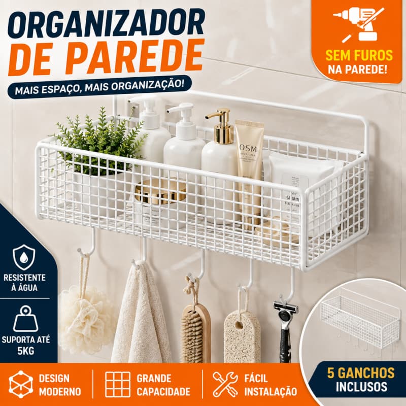Organizador de Banheiro de Parede Sem Furos 2 Andares Prateleira Autoadesiva com Ganchos Cesto Metálico Branco