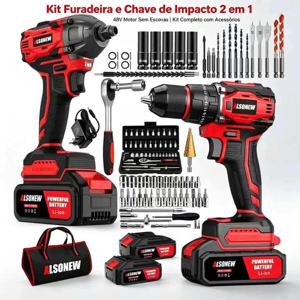 Kit Ferramentas Elétricas ALSONEW 48V Sem Escovas Chave de Impacto e Furadeira Sem Fio 2 Baterias + Acessórios Completos