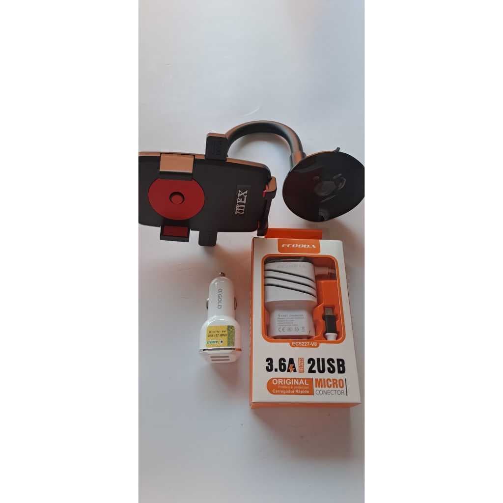 Kit Suporte Celular Veicular  + Carregador Carro + Carregador Rápido Ecooda