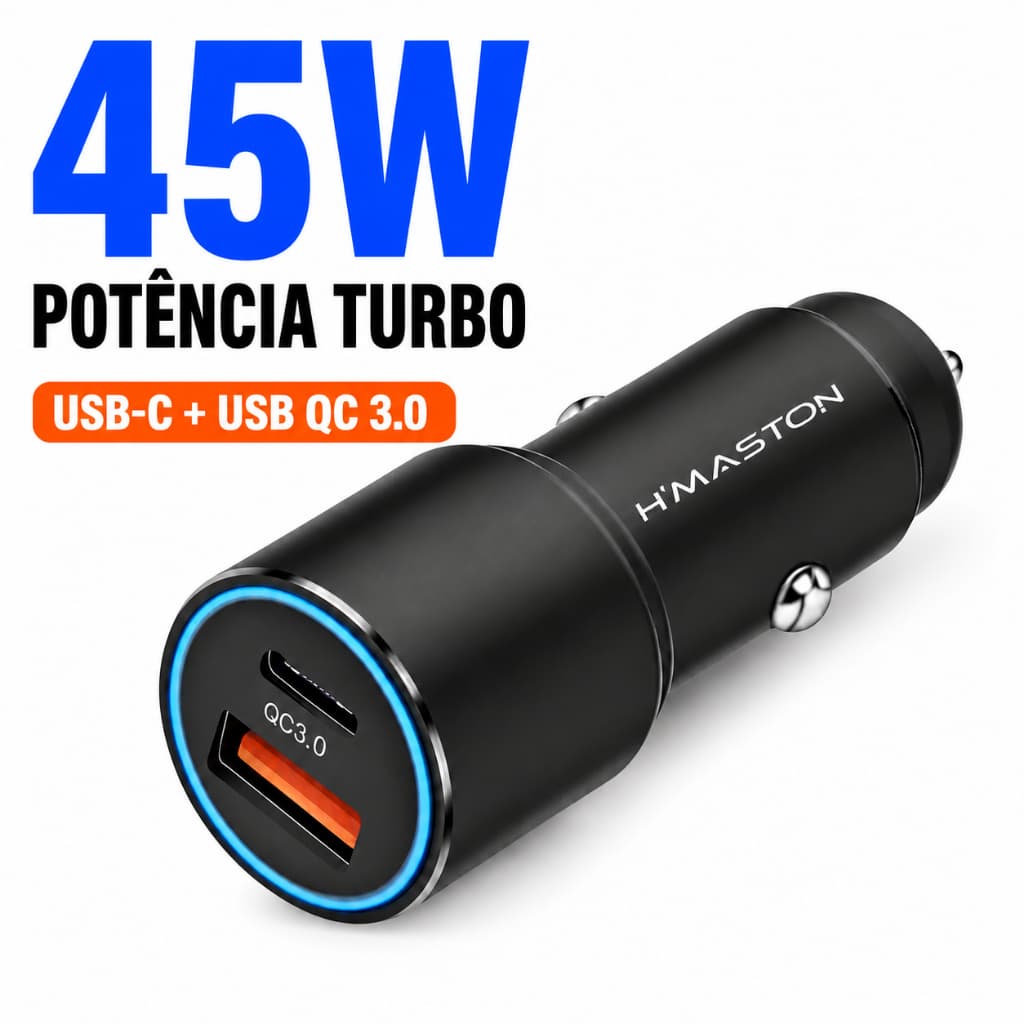 Carregador Veicular Turbo 45W Tipo C + USB