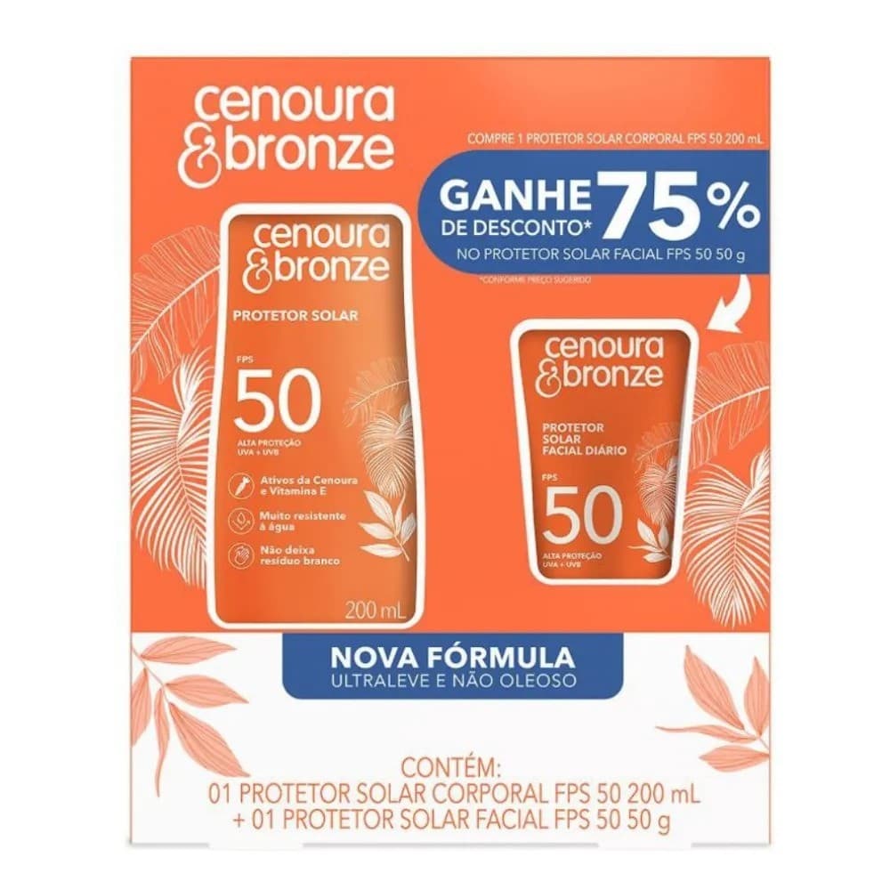 Kit Cenoura e Bronze Protetor Solar Corporal FPS 50 200ml + Protetor Solar Facial FPS 50 50g