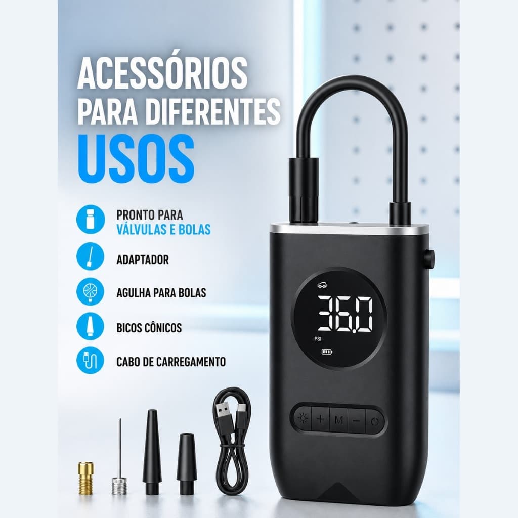 Mini Compressor de Ar Portátil Digital Recarregável – Calibrador de Pneus para Carro, Moto, Bike e Bolas