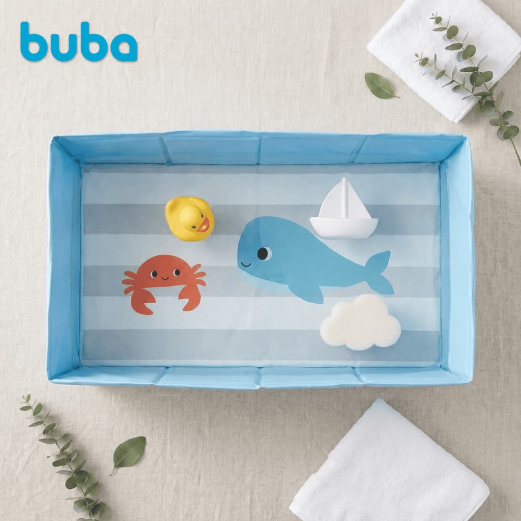 Banheira Bebê Portátil Dobrável Infantil Compacta Buba Splash Azul Válvula Escoamento Casa Viagem Praia Piscina