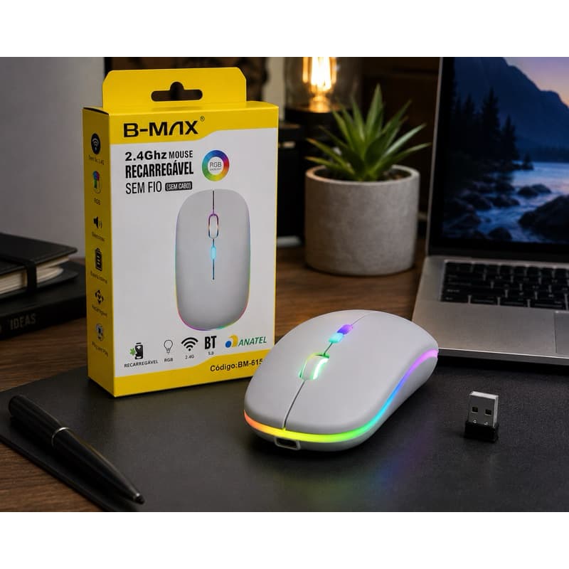 B-MAX 2.4Ghz MOUSE RECARREGÁVEL SEM FIO (SEM CABO) RGB - Código: BM-615