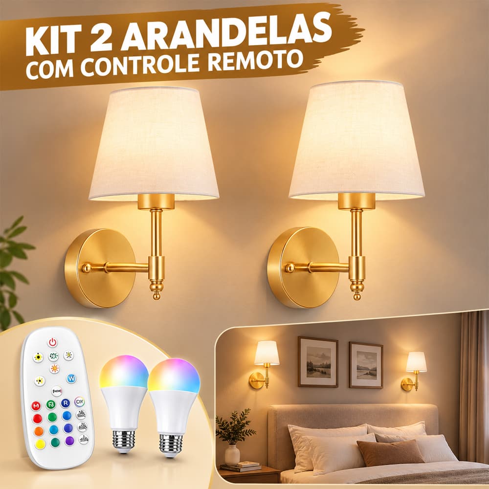 Kit 2 Luminária De Parede Dourada, Arandela Decorativa LED RGB Recarregável Para Ambiente e Decoração