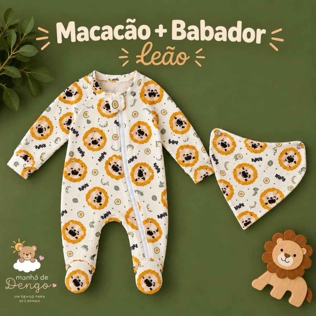 KIT MACACÃO VIRA PÉ + BABADOR Leão Roarr Bebê 100% Algodão Suedine Menino RN ao 12 Meses Enxoval infantil Manhã De Dengo