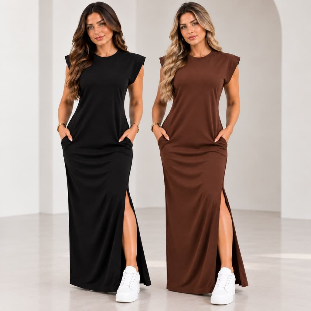 Vestido Longo Muscle Tee Feminino Em Ribana Canelado Com Fenda e Bolso Moda Evangelica Casual Elegante