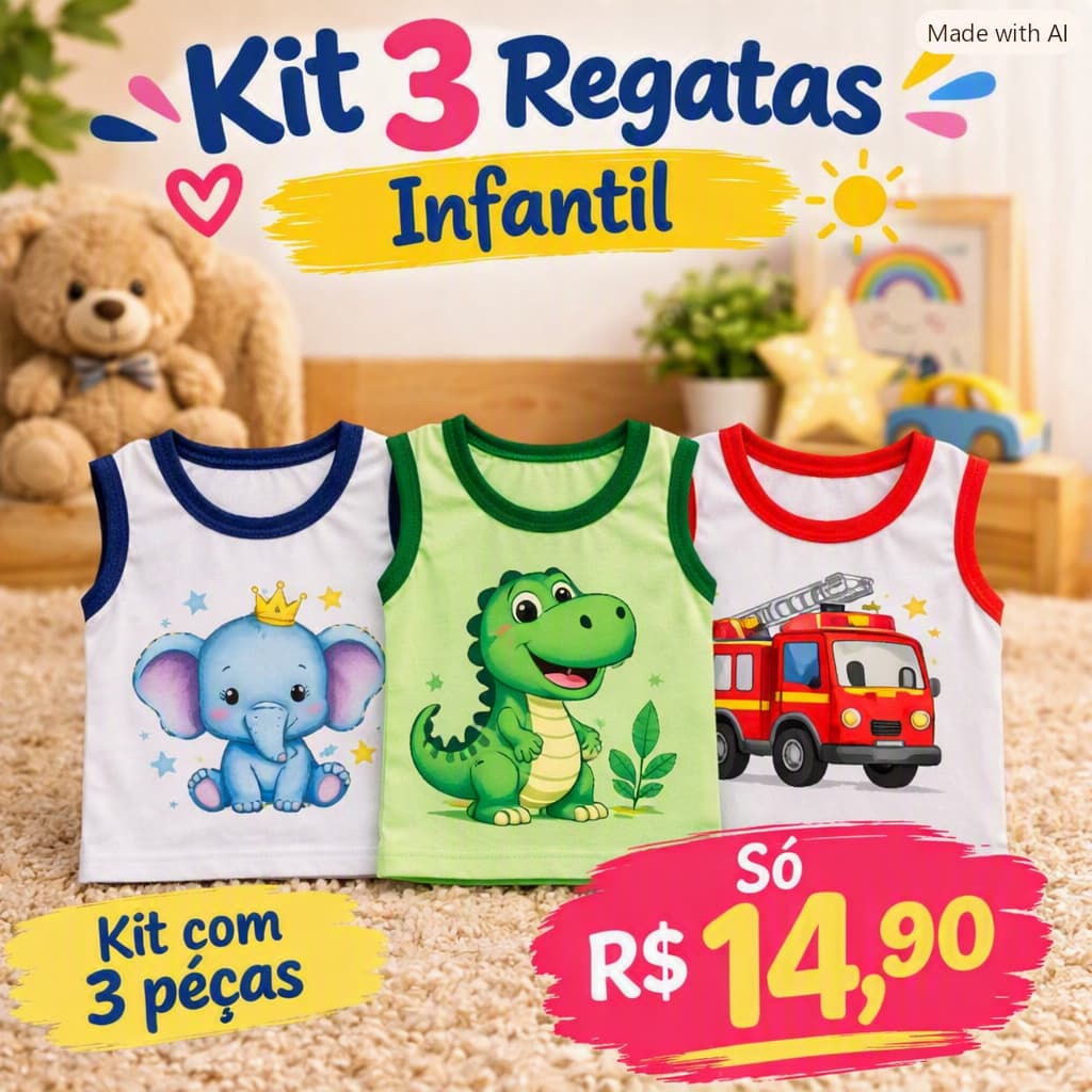 kit 3 Regata Bebê Sem Manga Leve Fresca Confortável Verão Roupa Infantil Menino Menina Unissex Estampada RN a 1 Ano