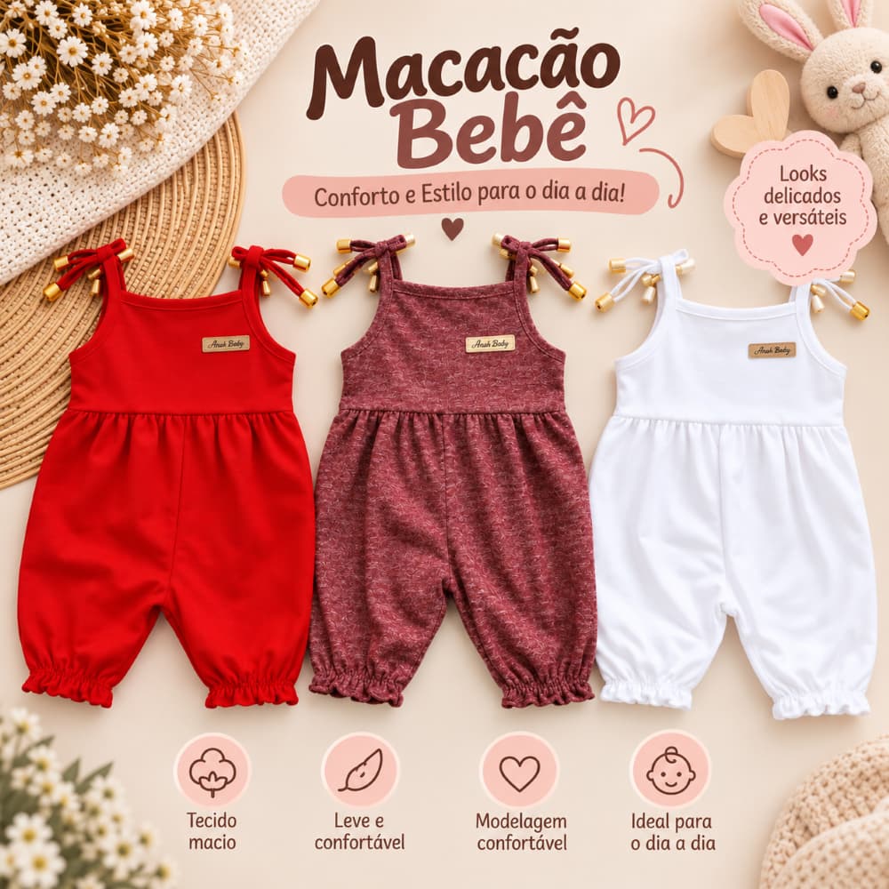 Macacão Bebê Menina Jardineira Infantil 0 a 6 Meses Alça com Amarração Roupa Bebê Confortável
