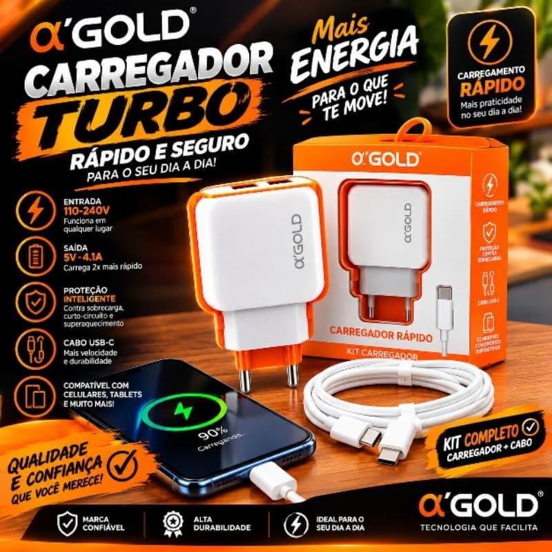 Carregador Turbo Rápido A’GOLD 4.1A 2 USB + Cabo Tipo C Kit Carregador Celular