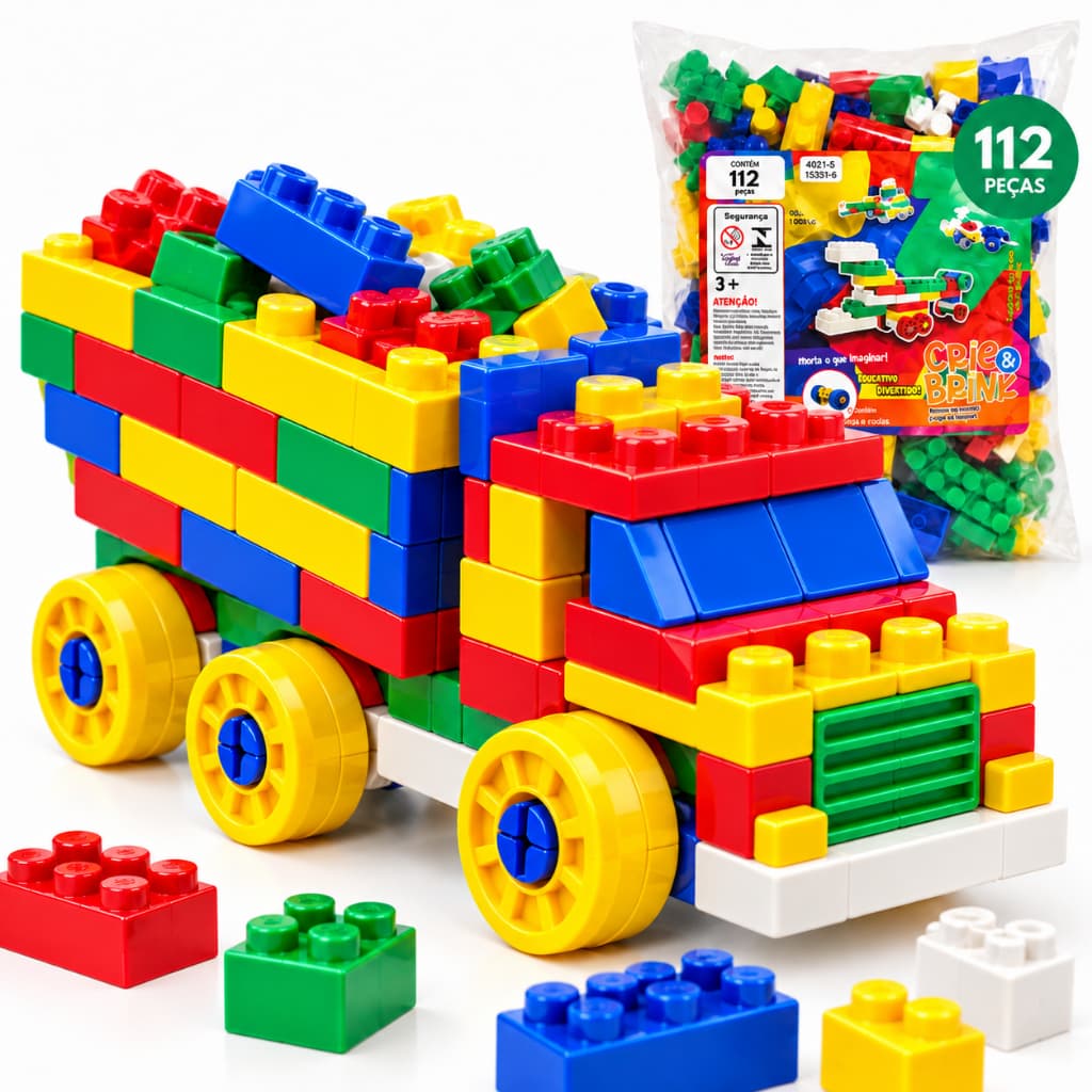 Kit Brinquedo de Montar Infantil 112 Peças Blocos Coloridos com Rodinhas Educativo e Criativo
